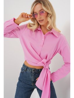 Bağlamalı Uzun Kol Pembe Gömlek