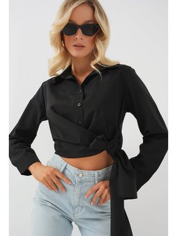 Bağlamalı Uzun Kol Siyah Gömlek