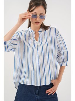 Çizgili Oversize Mavi Bluz