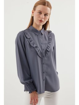 Fırfırlı Uzun Kol Gri Gömlek