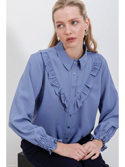 Fırfırlı Uzun Kol İndigo Gömlek