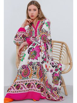 Fuşya Krem Desenli Viskon Elbise A.fuşya