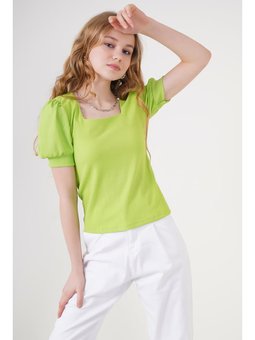 Kare Yaka Örme E.yeşil Bluz