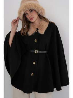 Kemerli Kaşe Siyah Panço