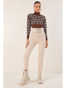 Kemerli Kumaş Krem Pantolon