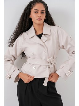 Kemerli Suni Deri Ekru Ceket