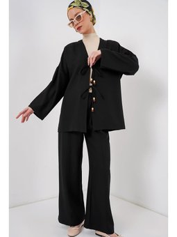 Keten Kimono İkili Siyah Takım