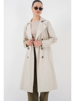 Kruvaze Yaka Arkası Baskılı A.bej Trençkot