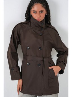 Kruvaze Yaka Kısa Kahverengi Trençkot