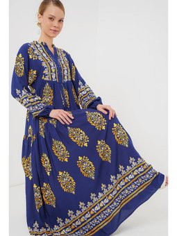 Otantik Desenli Lacivert Elbise