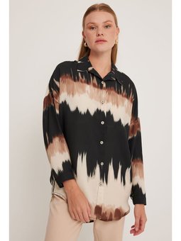 Siyah Desenli Oversize Kahverengi Gömlek