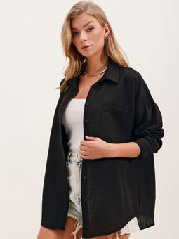 Tek Cepli Oversize Keten Siyah Gömlek