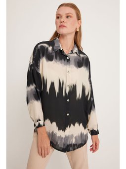 Turuncu Desenli Oversize Siyah Gömlek