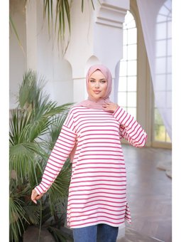 O Yaka Yatay Çizgili Uzun Kollu Kısa Yırtmaçlı Fuşya Tunik 46)