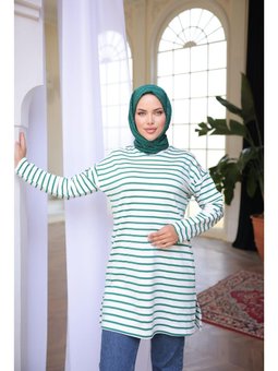 O Yaka Yatay Çizgili Uzun Kollu Kısa Yırtmaçlı Koyu Yeşil Tunik 46)