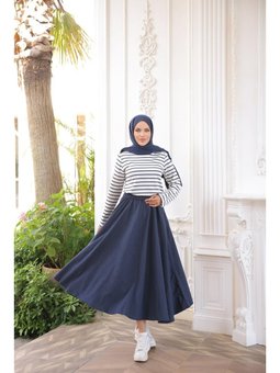 O Yaka Yatay Çizgili Uzun Kollu Yırtmaçlı Kısa Lacivert Tunik 46)