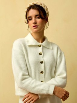 Polo Yaka Peluş Ekru Hırka