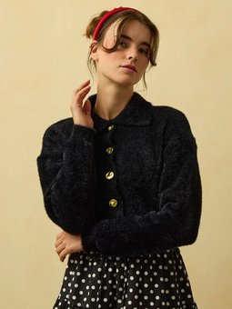 Polo Yaka Peluş Siyah Hırka