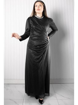 Taş Baskılı Simli Tül Siyah Abiye Elbise