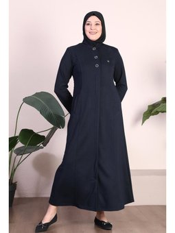 Kadin Büyük Beden Düğmeli Lacivert Pardesü