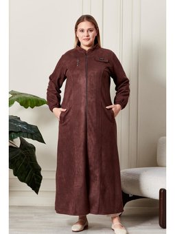 Kadin Buyuk Beden Kap Boydan Göğsü Fermuarlı Uzun Tesettur Süet Pardesu Kahverengi Pardesü