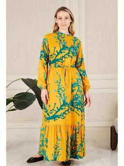 Kadin Hakim Yaka Buyuk Beden Tesettur Viskon Kumas Pileli Ve Piliseli Hardal Elbise