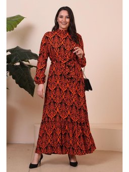 Kadin Hakim Yaka Buyuk Beden Tesettur Viskon Kumas Pileli Ve Piliseli Turuncu Elbise