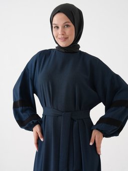 Şerit Garnili Torba Kol Günlük Tuncay Elbise Lacivert