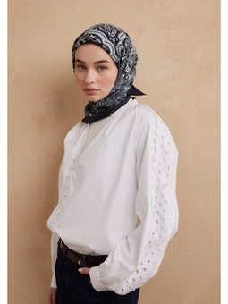 Etnıc Floral Desen Pamuk İpek Antik Mavi Eşarp