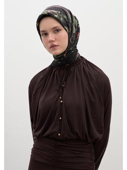 Flower Rain Desen Pamuklu Viskon Siyah Eşarp
