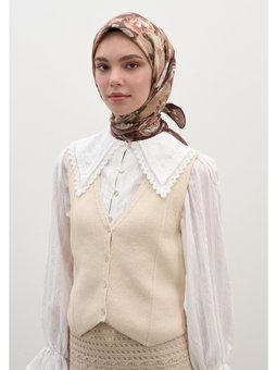 Magnolıa Desen Pamuklu Viskon Eşarp Sıcak Kahve