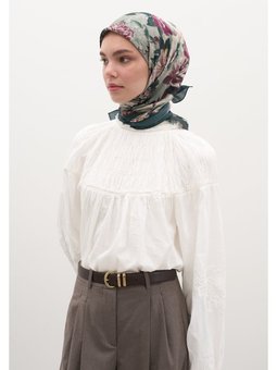 Magnolıa Desen Pamuklu Viskon Koyu Yeşil Eşarp