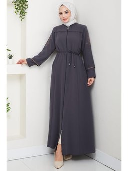 Bağcıklı Kolu Nakışlı Füme Ferace