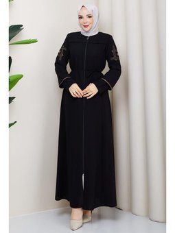 Bağcıklı Kolu Nakışlı Siyah Ferace