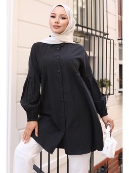 Büzgü Detaylı Balon Kol Gömlek Siyah