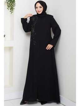 Çiçek Detay Taşlı Siyah Ferace