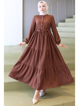 Elisa Büzgülü Düğmeli Kahverengi Elbise