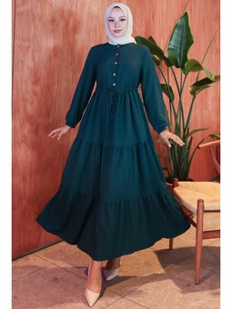 Elisa Büzgülü Düğmeli Zümrüt Yeşili Elbise