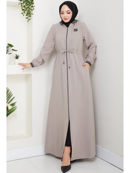 File Kapüşonlu Bağlamalı Bej Ferace