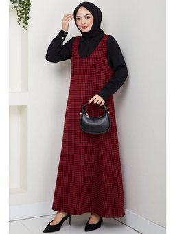 Kaz Ayağı Desen Jile Kırmızı Elbise