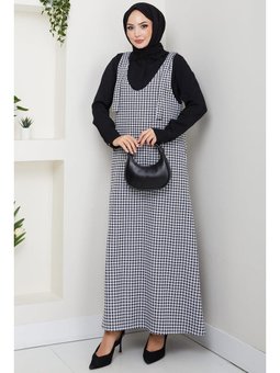 Kaz Ayağı Desen Jile Siyah Elbise