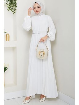 Kemerli Piliseli Aerobin Beyaz Elbise