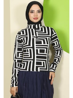 Labirent Desen Fermuarlı Body Beyaz