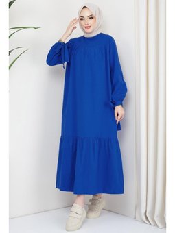 Robalı Kol Ucu Bağlamalı Mavi Elbise