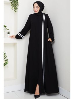 Şerit Detaylı Siyah Ferace