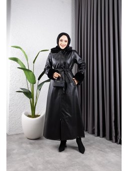 Fermuarlı Kuşaklı Yakası Kürk Görünümlü Astarlı Deri Uzun Trençkot