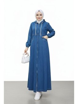 Kapüşonlu, Fermuarlı Ve Cepli Koyu Kot Mavi Kap