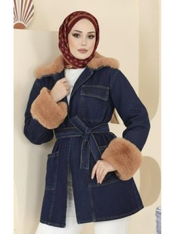 Kürk Detaylı Kemerli Cepli Koyu Kot Mavi Ceket