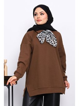 Açık Kahve Fular Detaylı Yakalı Tunik