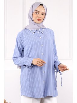 Açık Mavi Kolu Bağcıklı Yaka Taşlı Linda Tunik